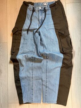 Two-Tone Black & Light Blue Cargo Jeans for women